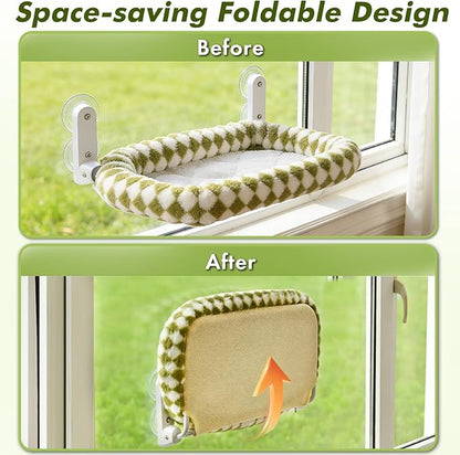 Cat Window Perch with Bolster, Cordless Foldable Cat Window Hammock with Strong Suction Cups & Metal Frame, Machine Washable Pet Bed for Indoor Cats (Green, Medium)