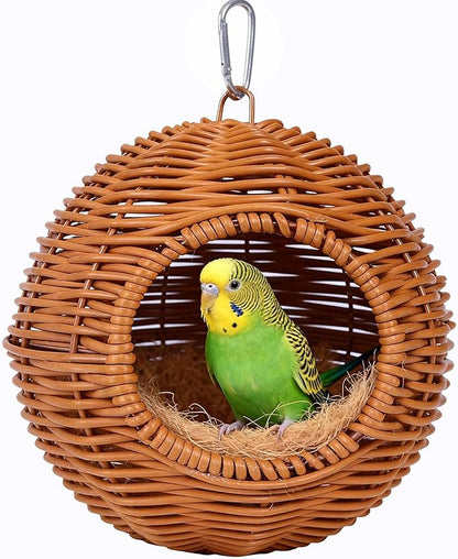 Parakeet Nest Bird Cage Accessories, Chew-Proof Steel Frame & Washable Small Bird Hanging Bed for Lovebirds, Canaries, Budgies 、Lizards, Hamsters(Brown, 6.3"x6.3"x7.5")