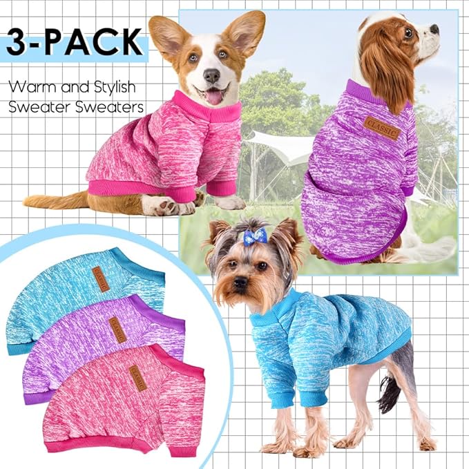 3 Pack Dog Sweaters for Small Dogs Girl Boy Winter Fleece Clothes Warm Soft Dog Sweatshirt Outfit for Dogs Cats Pet Apparel (Rose+Light Blue+Purple, XX-Small)