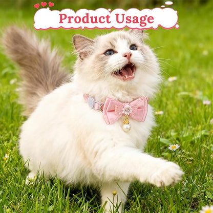 Jeffdad 4 PCS Cute Pearl Cat Collar with Bow, for Girl Cats Pink Cat Bows & Accessories Breakaway Safety Cat Bowtie Collar