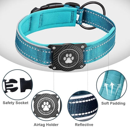 Airtag Dog Collar with Waterproof Air Tag Holder, Luminous Reflective, Soft Padded, Adjustable Nylon Pet Collar for Small Medium Large Heavy Duty Dogs,Blue, L