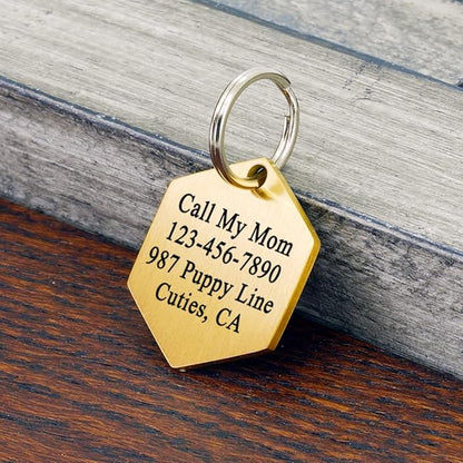 Ultra Joys Custom Personalized Hexagon Dog ID Tag - Brushed Stainless Steel, Gold, Large