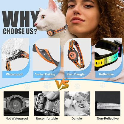 Airtag Cat Collar Breakaway, Reflective Cat Collar with AirTag Holder and Bell, Compatible with Apple Air Tag, Comfortable Padding, Adjustable, Durable (Orange, XS)
