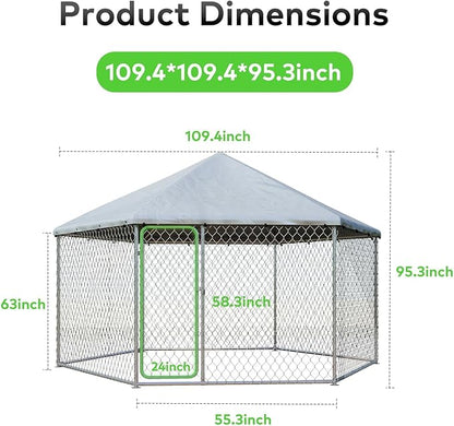 9.1x9.1 FT Outdoor Dog Kennel Heavy Duty Dog Enclosure with Waterproof Cover and Security Lock, Galvanized Wire Mesh Hexagonal Large Dog Kennel(109.4x109.4x95.3IN)