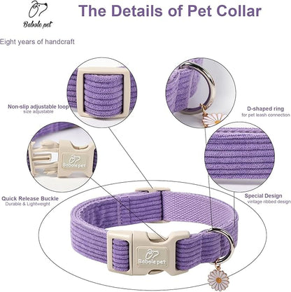Cute Corduroy Dog Collar - Lavender Adjustable Dog Collars for Large Dogs 50-80lbs, Fade-Proof with Secure Snap & Little Charm, Christmas Birthday Gift, L