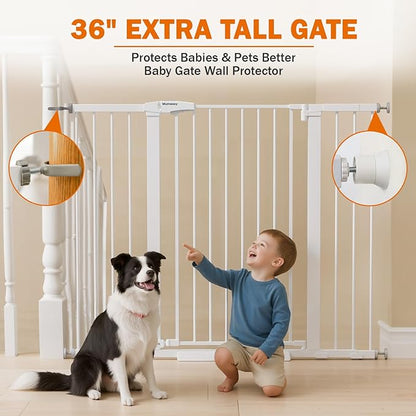 Mumeasy 36" Extra Tall Baby Gate for Stairs, 29.7-51" Wide Dog Gates Indoor for Doorways with Easy Walk Thru, Auto Close Pet Safety Gate for House, Pressure Mounted Metal Child Gate with Door, White
