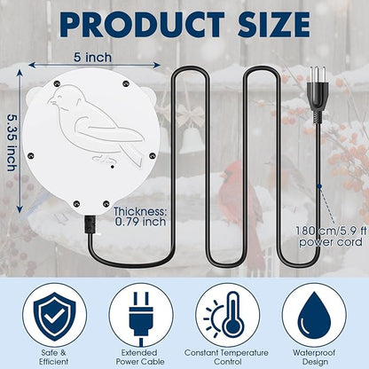 Outdoors 100W Bird Bath Heater for Winter,Birdbath Deicer Pond De-icer Thermostatically Controlled Birdbaths Water Heater with 5.9 Ft Power Cord and Working Indicator Light (White)