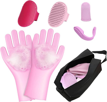 7-Piece Pet Grooming Kit with Storage Bag | Portable Bathing Set for Dogs & Cats | Includes Silicone Gloves, Deshedding Brushes & Finger Toothbrushes | All-in-One Pet Care (Pink)