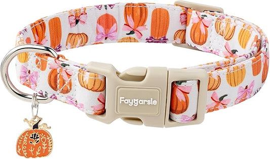 Faygarsle Fall Pumpkin Pattern Dog Collar with Charm, Adjustable Neckwear for Small Medium Large Dogs, Orange and Pink for Small Medium Large Dogs S