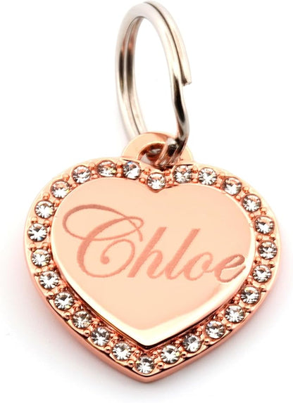 Custom Engraved Personalized Rose Gold-Plated Small Heart Rhinestones Pet Jewelry Dog Cat ID Tag