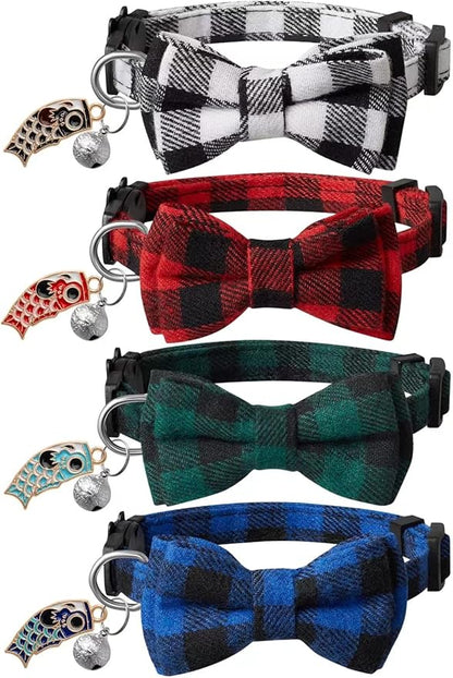 LLHK 4 Pack Small Fish Cat Collars with Bow Tie and Bell,Personalized Breakaway Kitten Collar for Girl boy Cats,Adjustable 7-12inch,Cute for Kitty Kitten Adult Cats,Pet Supplies,Stuff,Accessories