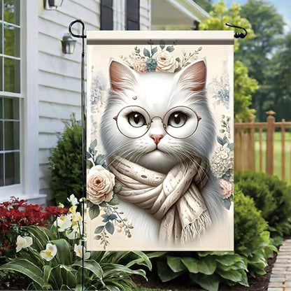 Cat Garden Flag 12x18 Inch Double Sided Outdoor Yard Banner White Cat with Glasses and Scarf Floral Design for Spring Summer Patio Porch Lawn Decoration