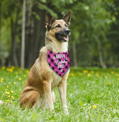 K28 Dog Bandana - Happy Birthday Dad Plaid Dog Scarf Accessory, Pet Scarf Gift for Dad's Birthday Party
