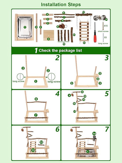 Wontee Bird Playground Wooden Bird Perch Stand Ladder Swing with Removable Tray & Feeding Cups for Budgies Parakeets Caique Senegal Cockatiels Conures