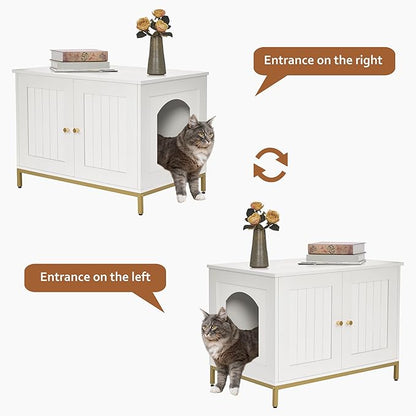 Homhedy Cat Litter Box Enclosure, Cat Washroom Furniture with Metal Frame, Pet House, Fit Most of Litter Box, Modern Style, White and Gold