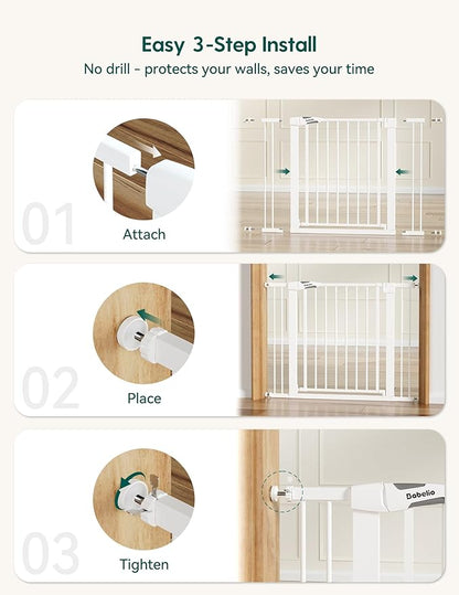 BABELIO 36" Tall Dog Gate PressGuard C5, 26-40" Wide Auto Close Baby Gate, Pressure Mounted Metal Pet Gate, Easy Install No Drilling, No Tools Needed, with Wall Protectors and Extension Kits, White