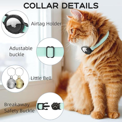 AirTag Cat Collars, Stretchy Collar with Apple AirTag Holder and Bell, Breakaway Ultra Design Elastic GPS Tracking Collars for Cats and Puppies, (7.5-12.5 Inch), Green