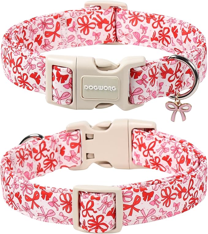 DOGWONG Cute Dog Collar, Pink Bow Pattern Dog Collar, Girl Female Dog Collars with Strong Plastic Buckle for Medium Large Dogs,L