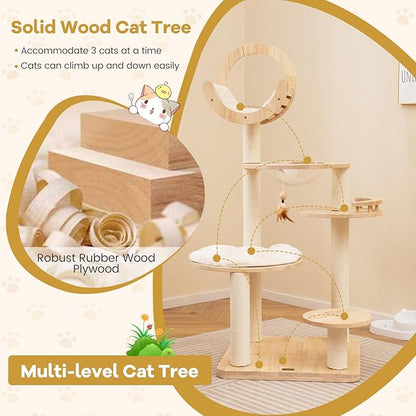 Nightcore 57” Tall Solid Wood Cat Tree for Indoor Cats, Building Block Kitten Tower w/Perch, Scratching Posts, Washable Cushions, 4 Install Options, Multi-Level Cat Activity Center Climbing Furniture