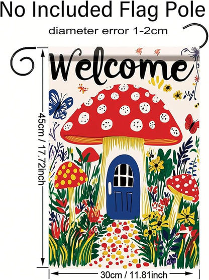Mushroom House Garden Flag 12x18 Inch Welcome Yard Banner Whimsical Fairy Tale Style Double Sided Outdoor Decoration for Porch Lawn Patio Spring Summer Seasonal Garden Decor
