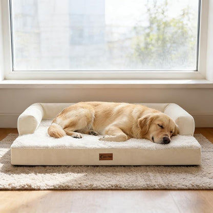 Orthopedic Dog Beds for Large Sized Dogs, Waterproof Egg Crate Foam Large Dog Couch Beds with Comfy Bolster 36x27Inch, Washable Pet Beds with Removable Cover and Nonskid Bottom, Beige