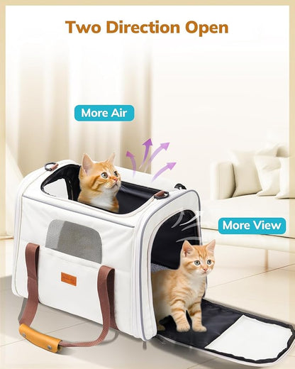 Morpilot Cat Carrier - Soft Sided Cat Carrier Large for Big Medium Cats and Puppy up to 18lbs, Pet Carrier with Safety Zippers, Foldable Bowl, Airline Approved Large Dog Carrier - Beige