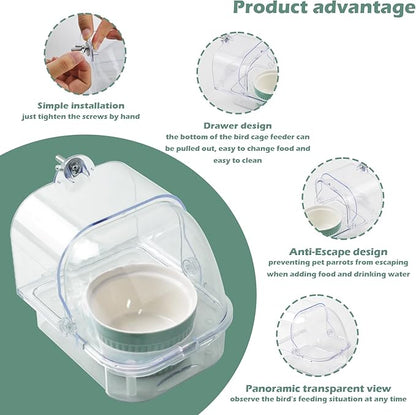 Bird Cage Feeder with Ceramic Bowl,2 in 1 No Mess Bird Feeder and Transparent Parakeet Bathtub with Bottom Drawer Hanging Tube Shower Box for Birds Budgies Parakeet Small Parrot Cockatiels