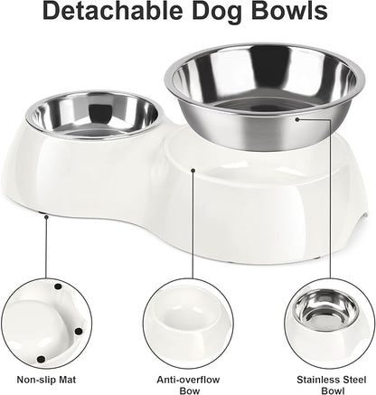 Elevated Dog Bowls Set - Non-Slip Raised Pet Feeder with Medium (10 oz) & Large (20 oz) Stainless Steel Bowls - Includes Durable Resin Stand for Corgi Puppies and Adult Cats - White