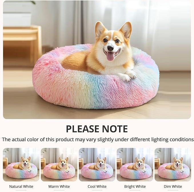 JOLLYVOGUE Calming Dog Bed Medium Size Dog, Anti-Anxiety Donut Medium Pet Bed, 27 inches Fluffy Faux Fur Round Cat Bed (Rainbow)