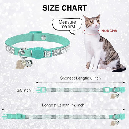 Rhinestone Cat Collar Breakaway with Bell, Diamond Cat Collar with Safety Buckle Quick Release for Girl Boy Small Kitten Pets Puppy,Cute Soft Female Male Cat Collars, Color Green 8-12"
