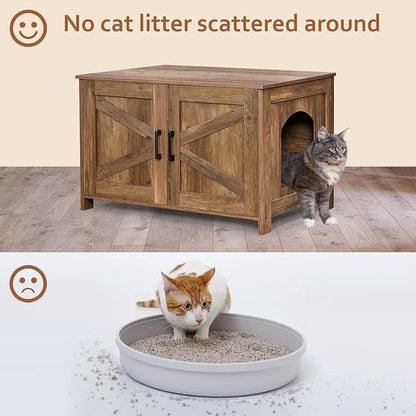Homhedy Cat Litter Box Enclosure, Wooden Cat Washroom Furniture with Barn Door, Pet House, Fit Most of Litter Box, Rustic Walnut