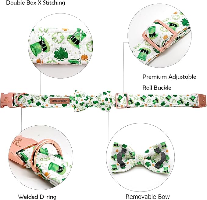 Lionheart glory Dog Bow Collar St. Patrick's Day Dog Collar for Small Dogs, Adjustable Green Collars Lucky Clover Shamrock Dog Collar with Bowtie Pet Collar Bows