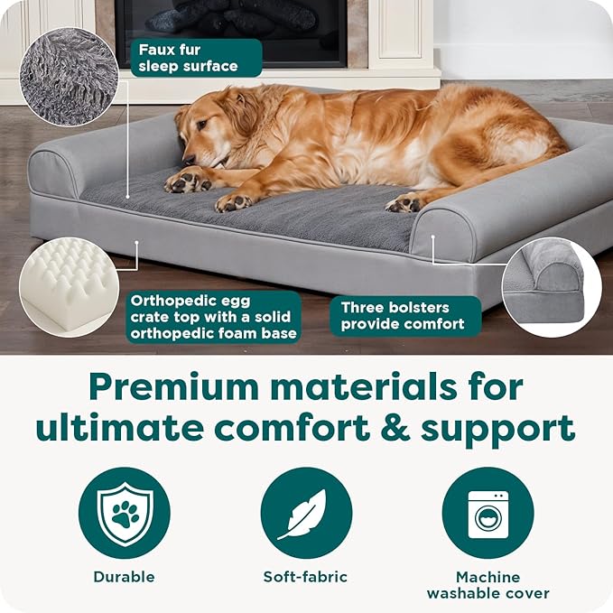 FurHaven Classic Soft Sofa Orthopedic Dog Bed for Medium Dogs, with Egg Crate with a Solid Orthopedic Foam Base for Joint Support, Removable Washable Cover, Medium, Faux Fur & Velvet, Dark Sage