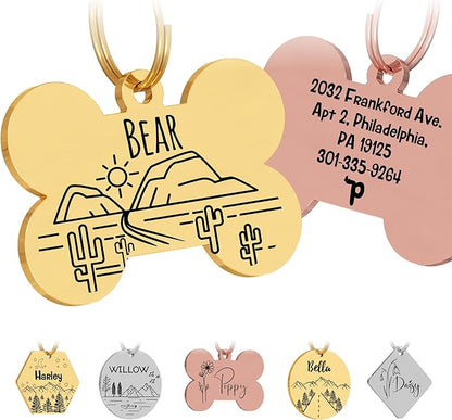 PawFurEver Custom Engraved Pet ID Tag – Personalized Dog Name Tag for Dogs and Cats, Stainless Steel Collar Accessory with Cute Designs pet Name Tags (Bone, Gold)