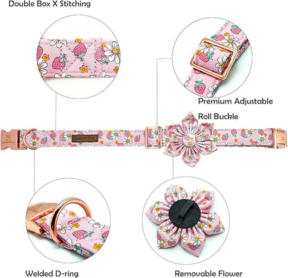 Lionheart glory Dog Collar Flower Collar Pink Dog Collar with Flower Spring Summer Cute Collar Dog Female Soft Durable Adjustable Dog Collars for Small Dogs, B:Strawberries