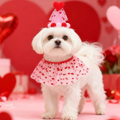 SCENEREAL Valentine's Day Cat Costume - Kitten Hat & Scarf Set, Pet Birthday Bandana Scarf Bib Holiday Outfit Party Accessories for Big Cats Puppy Small Dogs Animals