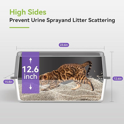 2 Pack Stainless Steel Litter Box, XL Enclosed Cat Litter Boxes, Metal Litter Pan with High Sides Odor Free Non Sticky Easy Cleaning, Grey