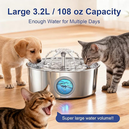 LucidShine 108oz/3.2L Stainless Steel Cat Water Fountain with 12 Filters (up to 1-Year Supply), Large Capacity Dog Water Fountain, Ultra Quiet Automatic Metal Pet Water Dispenser