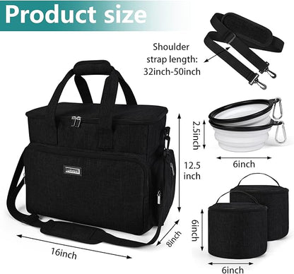 BAGLHER Dog Travel Bag, Airline Approved Pet Tote Organizer with Multi-Function Pockets, 2 Food Storage Containers and 2 Collapsible Dog Bowls, Perfect Weekend Pet Travel Set, Black