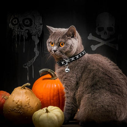azuza 4 Pack Halloween Kitten Collar Breakaway,Quick Release Safe Buckle Adjustable Kitten Collars, Skull Crossbones, Crossbones, Pink Leopard and Blue Leopard