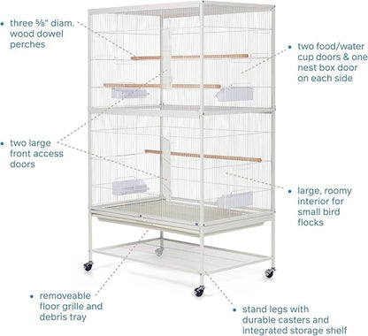 Prevue Pet Products Wrought Iron Bird Flight Cage with Wheels - Large Birdcage for Parakeets, Canaries, Finches, Cockatiels, Lovebirds, Green Cheeks, Metal Standing Birdcage - Chalk White