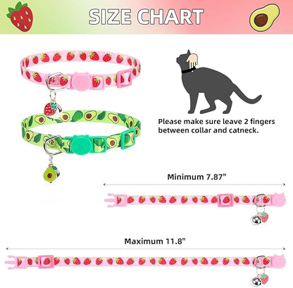 PUPTECK Breakaway Cute Cat Collar with Bell Charm, 2 Packs Adjustable Kitty Collars Fruit Pattern, Pink&Green, 7.8-11.8 in