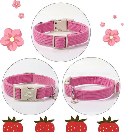 Cute Corduroy Dog Collar - Deep Rose Adjustable Dog Collars for Medium Dogs 25-50lbs, Fade-Proof with Secure Snap & Little Charm, Christmas Birthday Gift, M