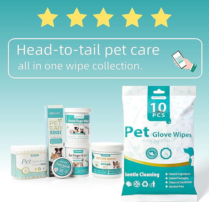Ear Cleaner Finger Wipes 60 Counts, Dog Ear Cleaner, Grooming Kit Care for Dogs and Cats, Soft & Easy Otic Cleaning Pads, Remove Wax, Dirt & Stop Smelly, Itchy, Non-Irritating, Mint Scent