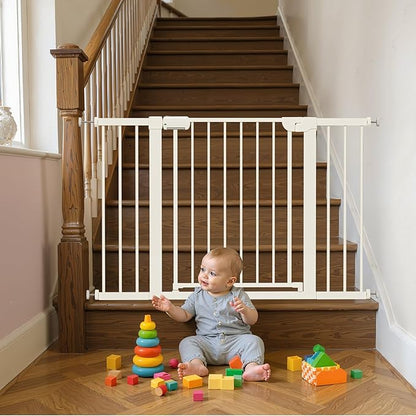 29.5-46" Magnetic Baby Gate for Stairs, Baby Safety Essentials, Auto Close Gate for Doorways, Easy Install Pressure Mounted Dog Gate Indoor, Pet Gates for Dogs, White
