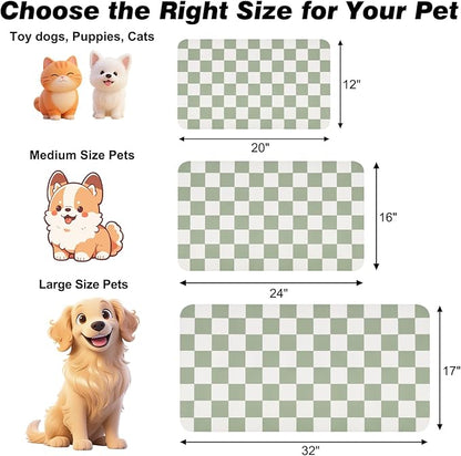 Checkered Dog Food Mat, Absorbent Leak-Proof Pet Feeding Mat, Quick Dry Cat Food Mat for Messy Drinkers 16" x 24" Green