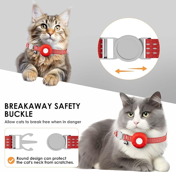 Smart Cat GPS Tracker, Cat Tracker Compatible with Apple Find My App (Only iOS), No Monthly Fee, Waterproof (White Tracker, Red Cat Collar)