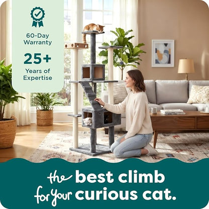 FurHaven 69.3" Tall Cat Scratching Post Tower for Indoor Cats, Sisal Cat Tree with 2 Condos, Tiger Tough Double Decker Playground, Toys & Perches for Cats, Sisal, Cream