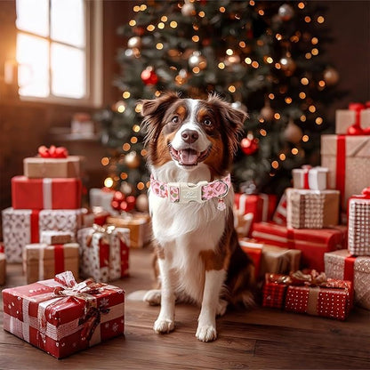 Christmas Dog Collar - Cute Pink Cozy Christmas Puppy Collar with Safety Buckle, Soft Adjustable Holiday Dog Collars for Small Medium Large Dogs L