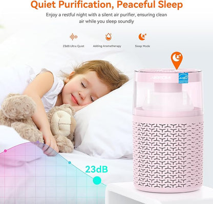 AIRROMI Pet Air Purifier for Home & Bedroom, HEPA Activated Carbon Filter, Removes Pet Dander & Odor, Allergies, Smoke, Hair, Night Light, Fragrance Sponge, Up to 658 ft², A2002 Pink